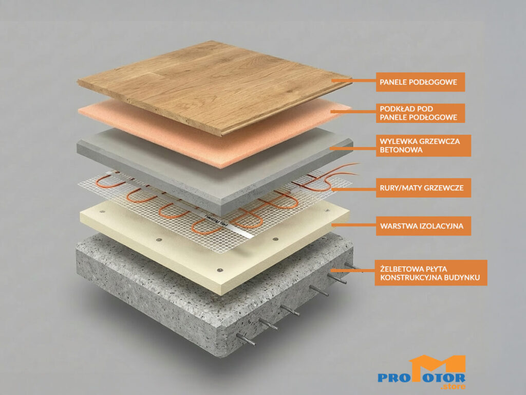 Przekrój poprzeczny - warstwy przy ogrzewaniu podłogowym