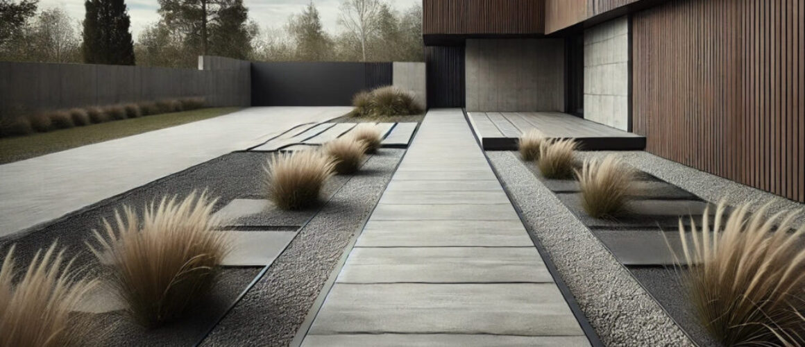 Nowoczesna aranżacja przydomowa z użyciem betonu szczotkowanego