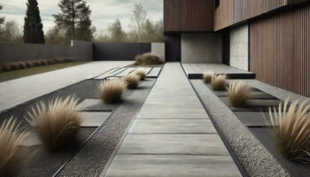 Nowoczesna aranżacja przydomowa z użyciem betonu szczotkowanego