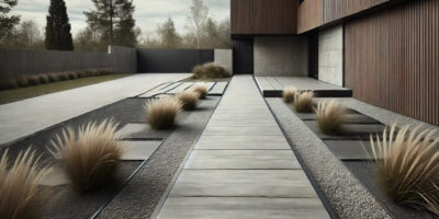 Nowoczesna aranżacja przydomowa z użyciem betonu szczotkowanego