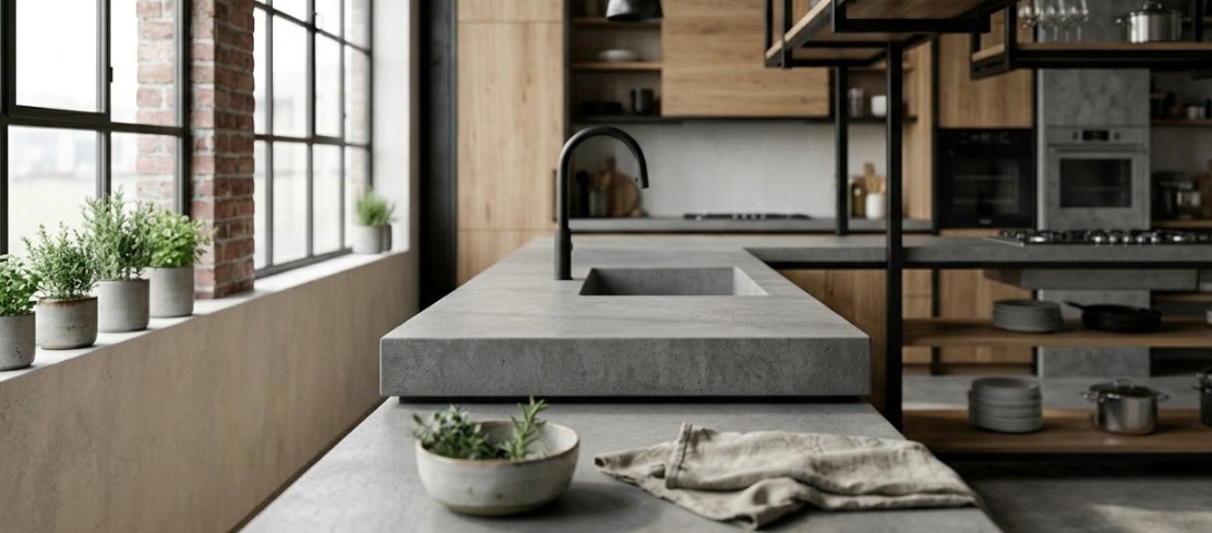 Betonowy blat kuchenny B50 w stylu industrialnym z wbudowanym zlewem, matowa powierzchnia w odcieniu szarości, połączenie z drewnianą zabudową i czarną armaturą, nowoczesna kuchnia loftowa z dużym oknem i naturalnym światłem, trwały i odporny na uszkodzenia blat z betonu