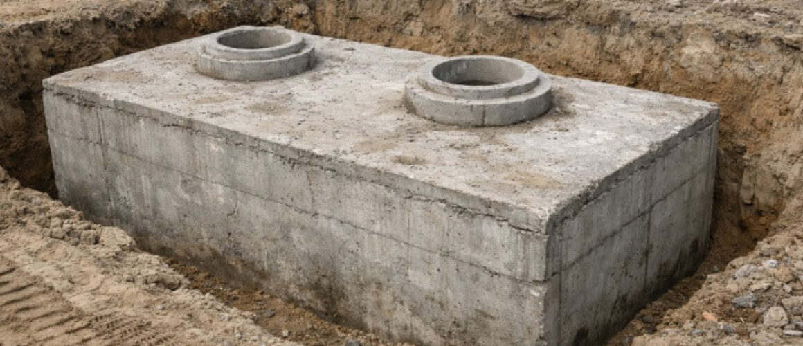 Betonowy zbiornik na deszczówkę w trakcie montażu w wykopie budowlanym, prostokątna konstrukcja z surowego betonu z dwoma włazami rewizyjnymi na górnej płycie