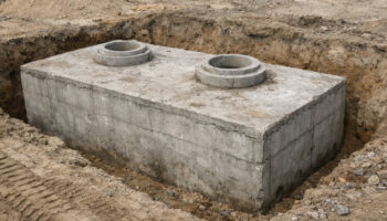 Betonowy zbiornik na deszczówkę w trakcie montażu w wykopie budowlanym, prostokątna konstrukcja z surowego betonu z dwoma włazami rewizyjnymi na górnej płycie