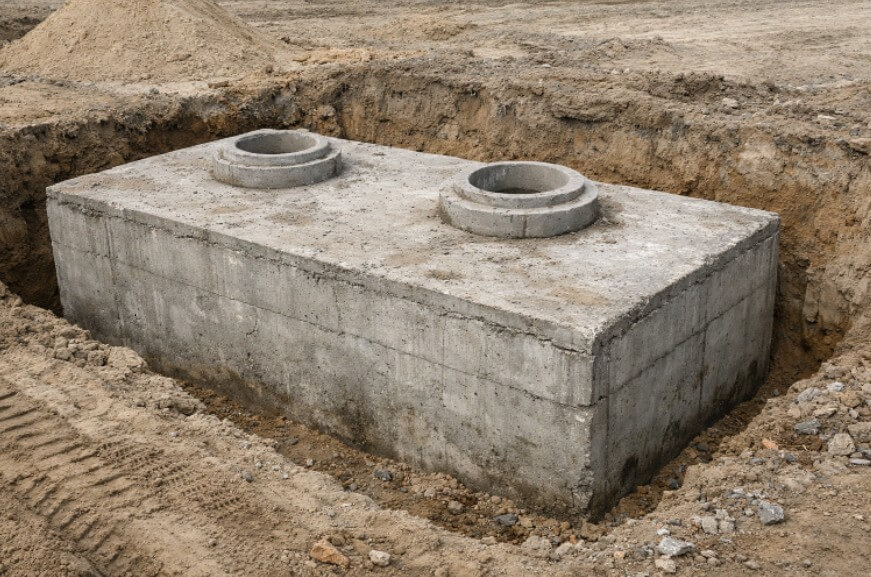 Betonowy zbiornik na deszczówkę w trakcie montażu w wykopie budowlanym, prostokątna konstrukcja z surowego betonu z dwoma włazami rewizyjnymi na górnej płycie