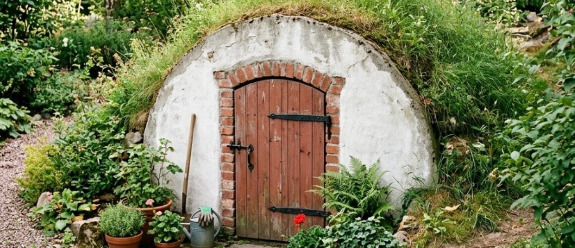 Piwniczka betonowa DIY w ogrodzie z wejściem półkolistym, drzwiami drewnianymi w ceglanej opasce oraz dachem pokrytym trawą, otoczona roślinnością i donicami, naturalne przechowywanie żywności w ziemiance