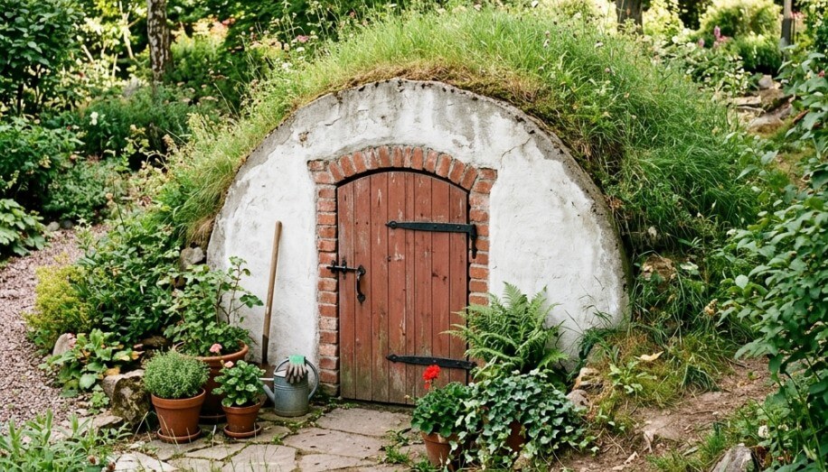 Piwniczka betonowa DIY w ogrodzie z wejściem półkolistym, drzwiami drewnianymi w ceglanej opasce oraz dachem pokrytym trawą, otoczona roślinnością i donicami, naturalne przechowywanie żywności w ziemiance