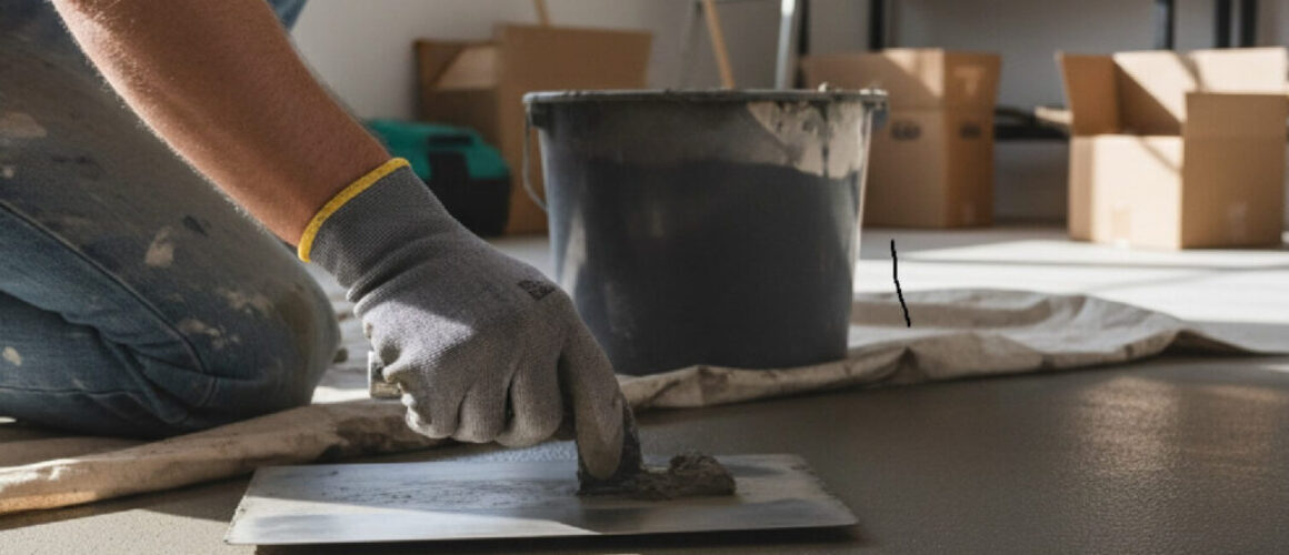 Beton B-30 Wylewanie i wygładzanie betonu na posadzce przy użyciu pacy stalowej, świeża mieszanka betonowa w trakcie prac wykończeniowych