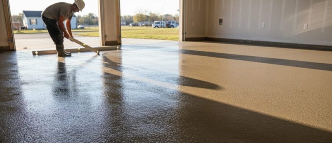 Szybki beton B30 Rapid podczas wyrównywania świeżej posadzki w garażu