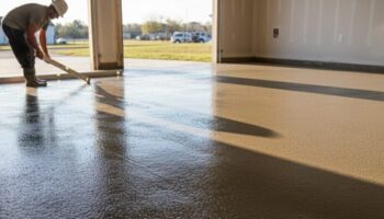 Szybki beton B30 Rapid podczas wyrównywania świeżej posadzki w garażu