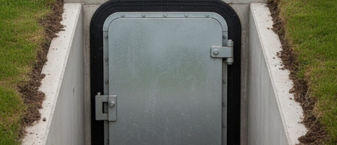 Stalowe drzwi do schronu przydomowego osadzone w betonowej studni wejściowej