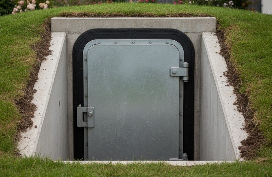 Stalowe drzwi do schronu przydomowego osadzone w betonowej studni wejściowej